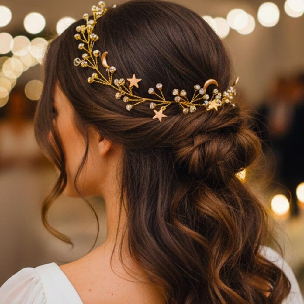 Wedding Hair Vine Gold Moon Bridal Headpiece Rhinestone Headband for Women